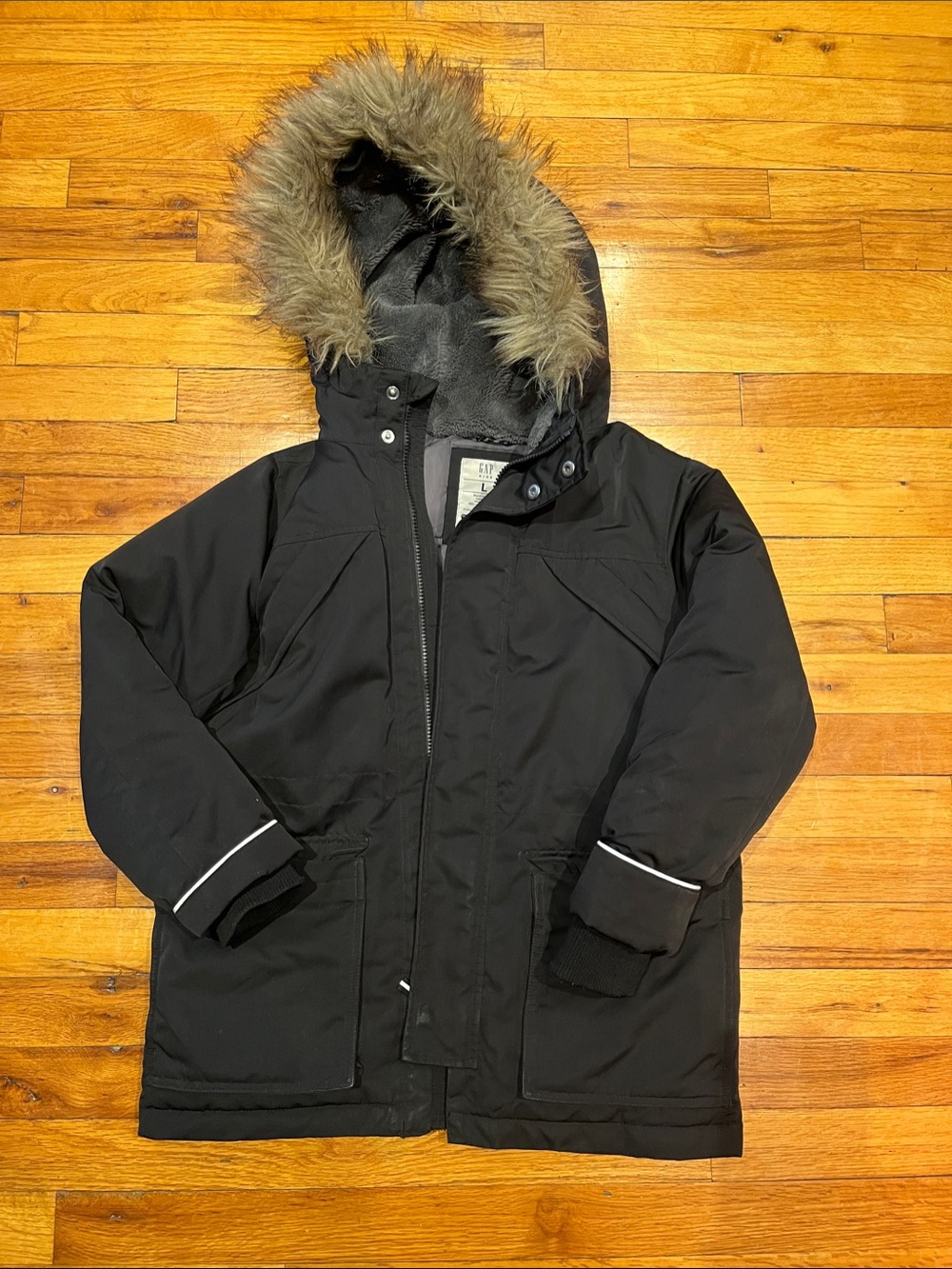 GAP Black Kids Puffer Coat with Faux-Fur Hood Trim